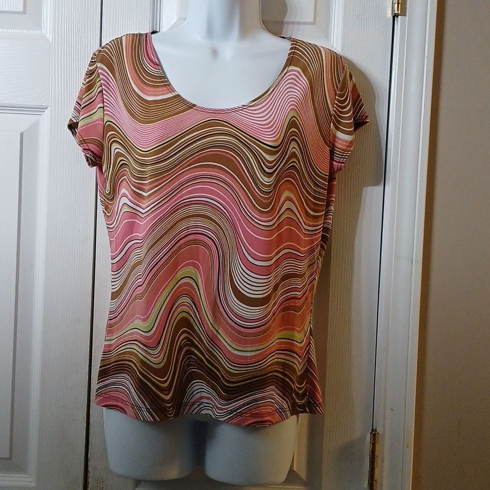 Susan Lawrence wavy tan pink white lime green scoop neck blouse top Sz M NWOT